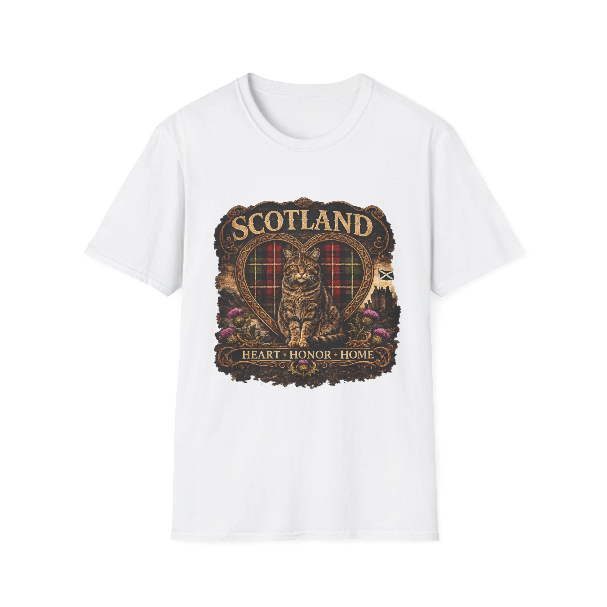 Scotland Wildcat – Heart, Home & Tartan Cat Retro Travel Tee