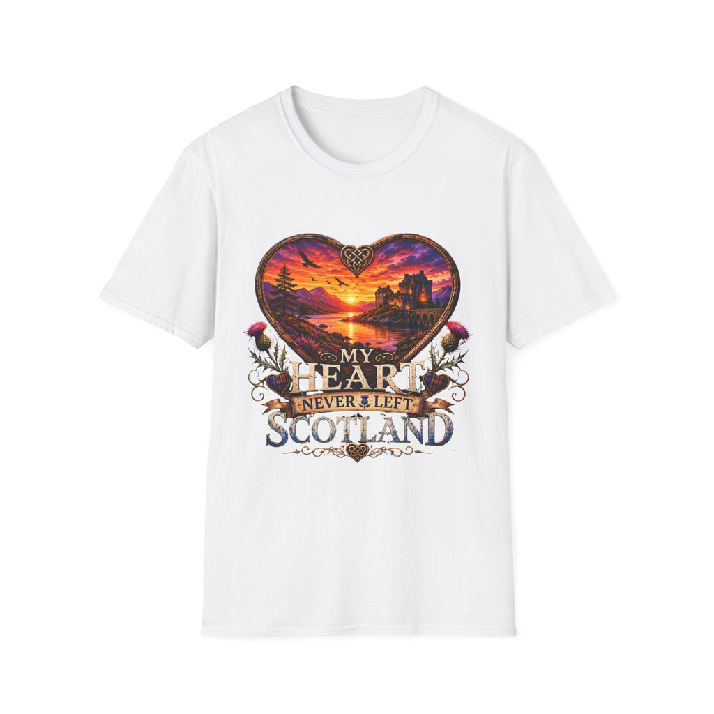 T-Shirt — 'My Heart Never Left Scotland' Scenic Heart Sunset Tee