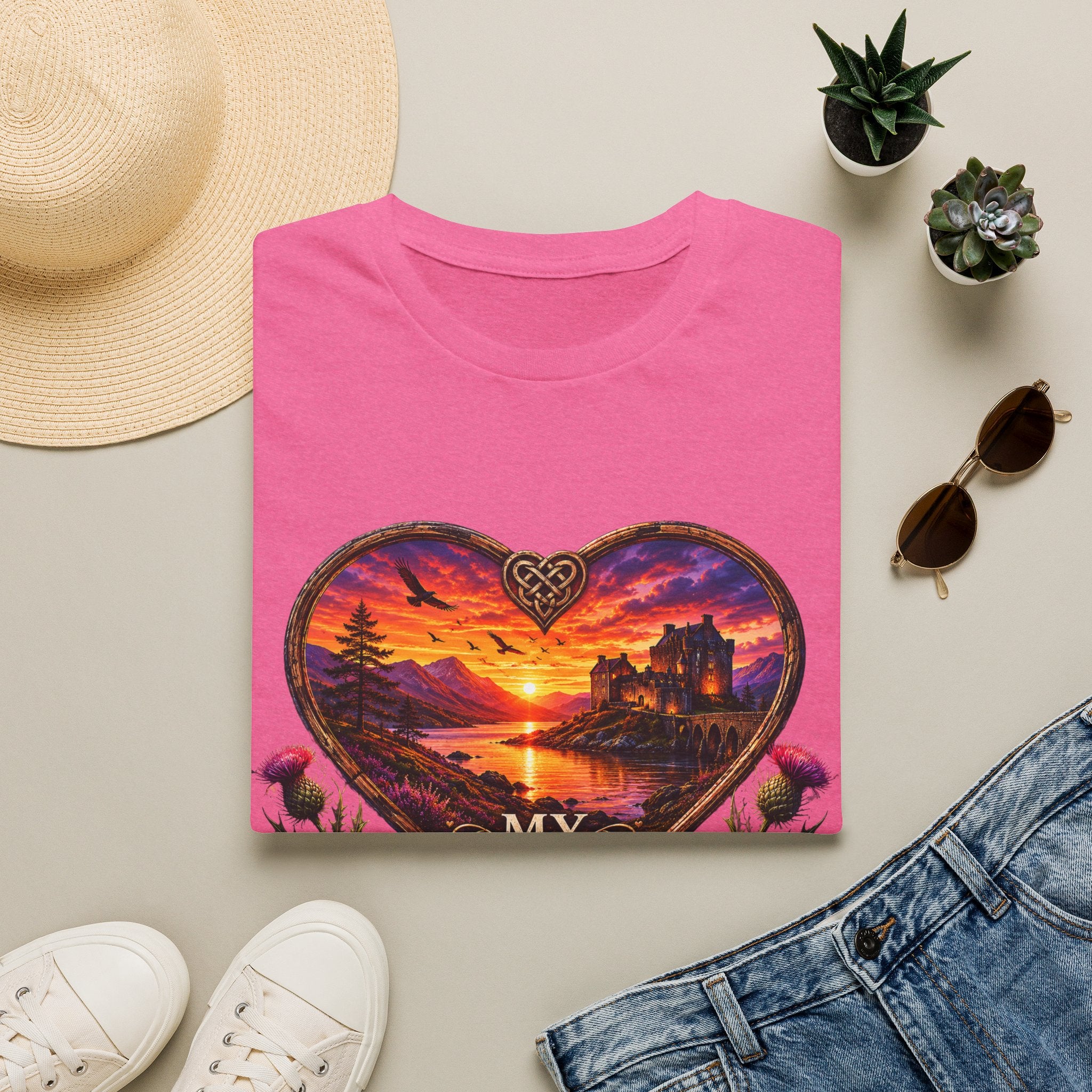 T-Shirt — 'My Heart Never Left Scotland' Scenic Heart Sunset Tee