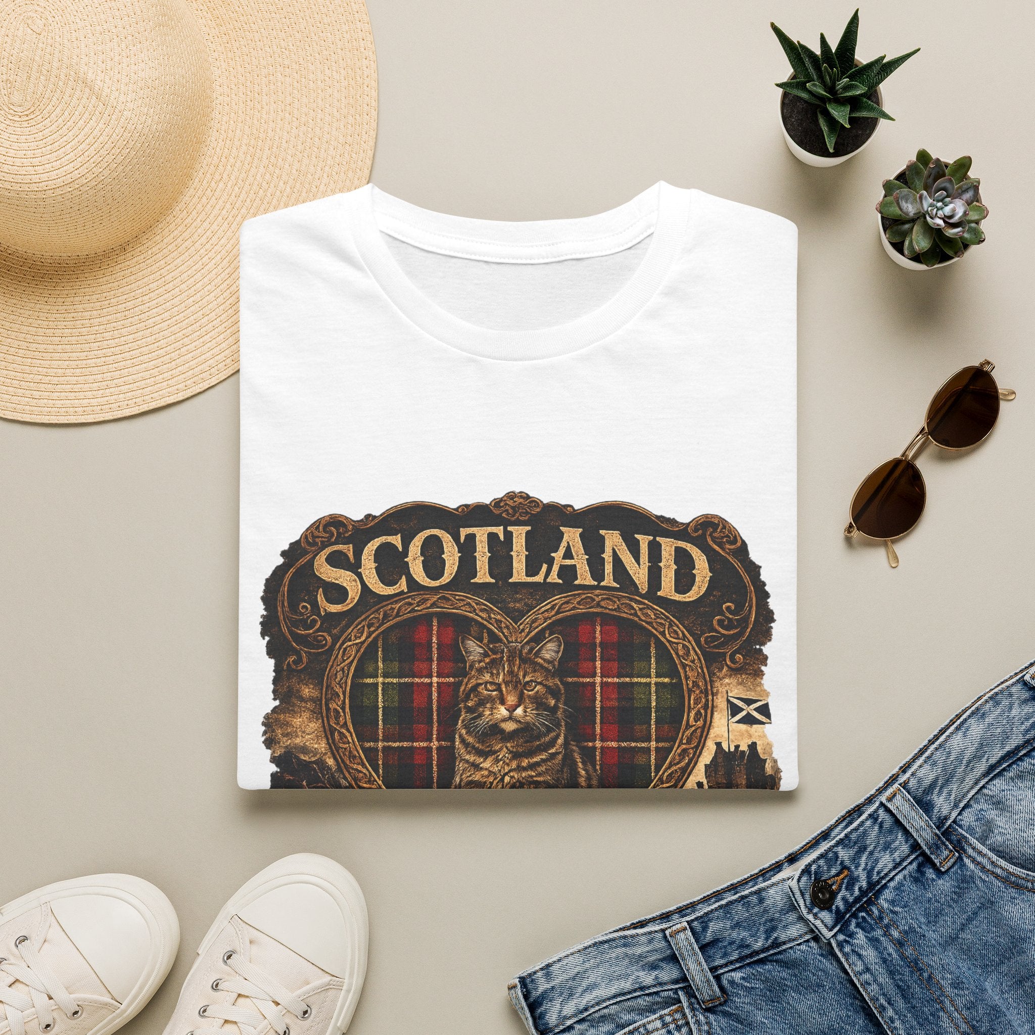 Scotland Wildcat – Heart, Home & Tartan Cat Retro Travel Tee