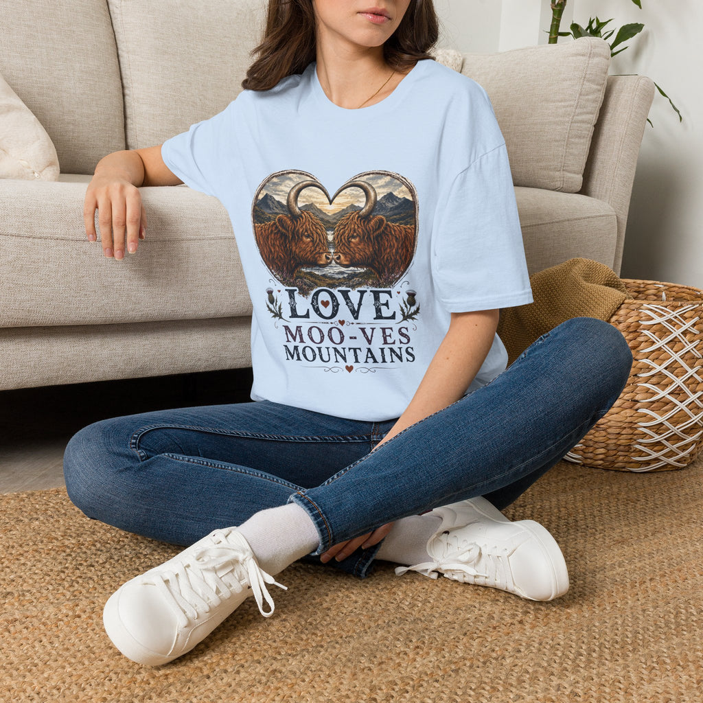 Highland Cow Heart T-Shirt — “Love Moo-ves Mountains”