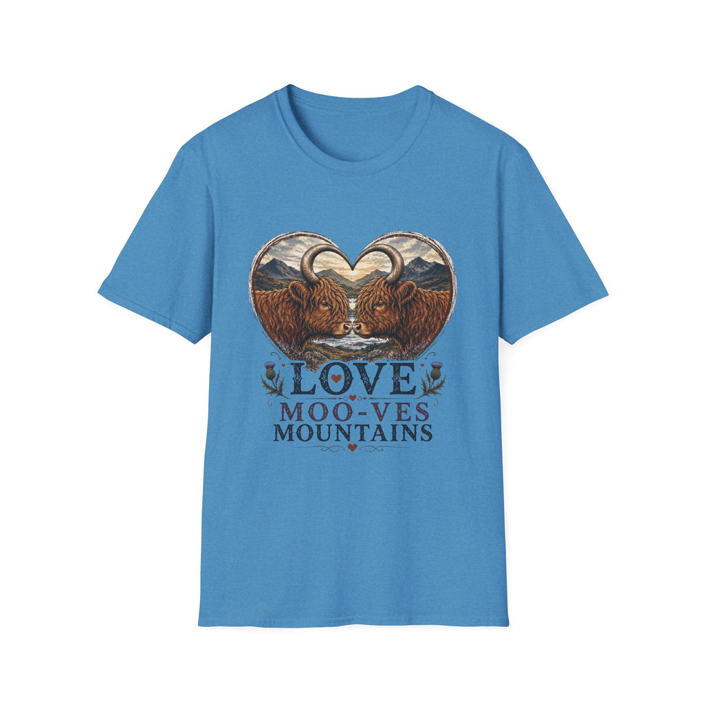 Highland Cow Heart T-Shirt — “Love Moo-ves Mountains”