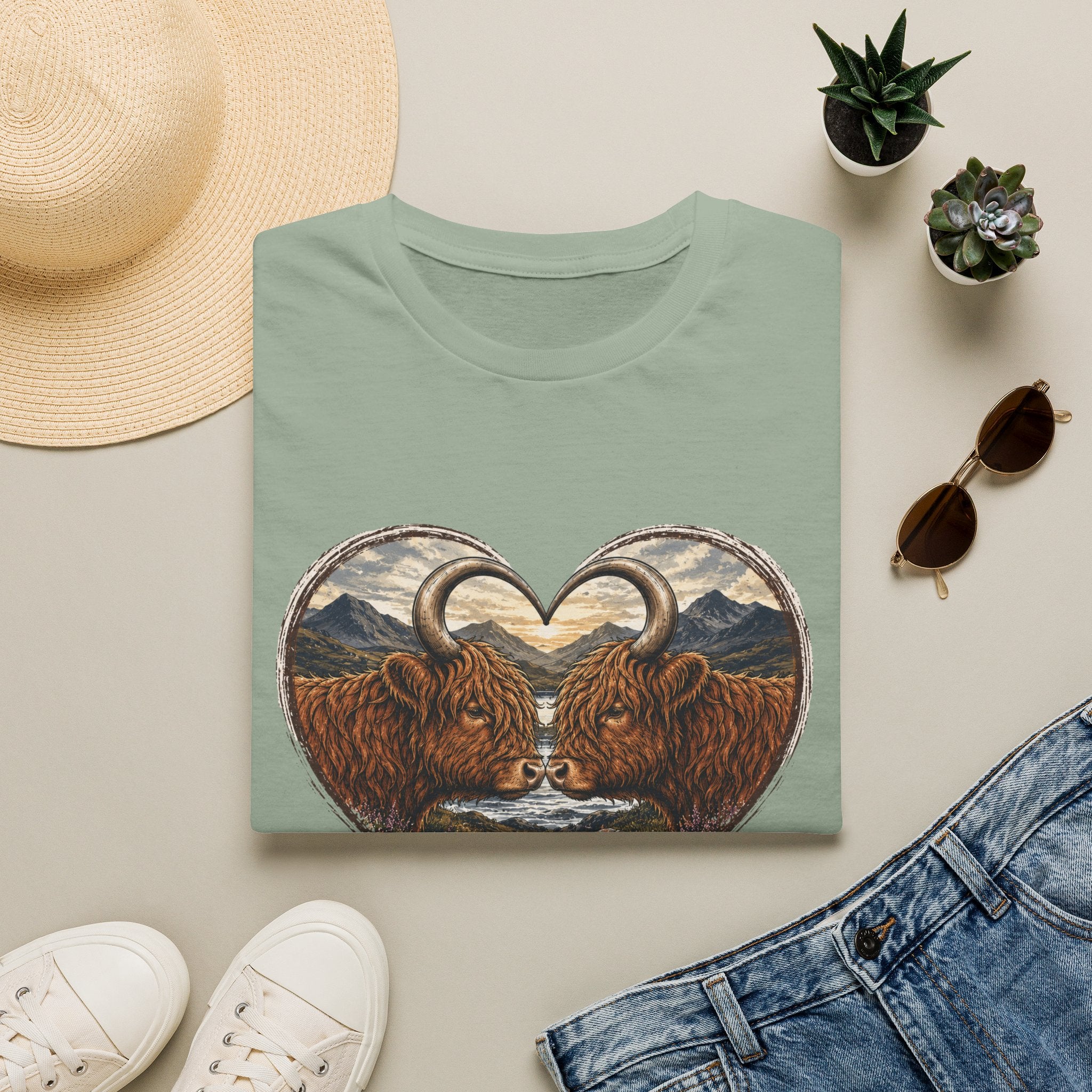 Highland Cow Heart T-Shirt — “Love Moo-ves Mountains”