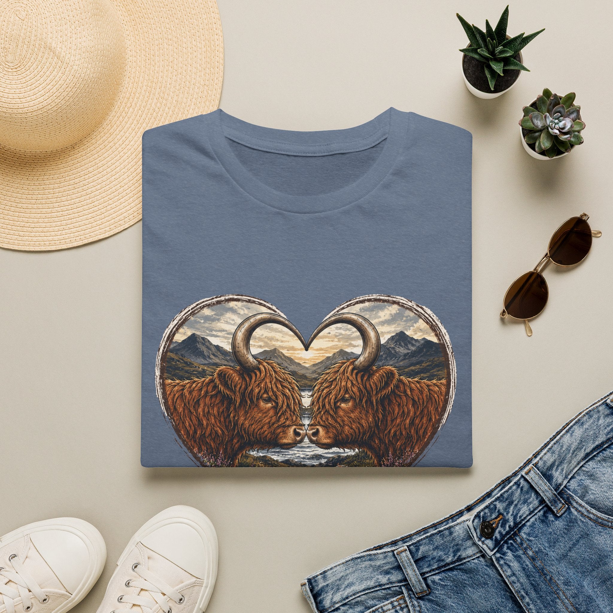 Highland Cow Heart T-Shirt — “Love Moo-ves Mountains”