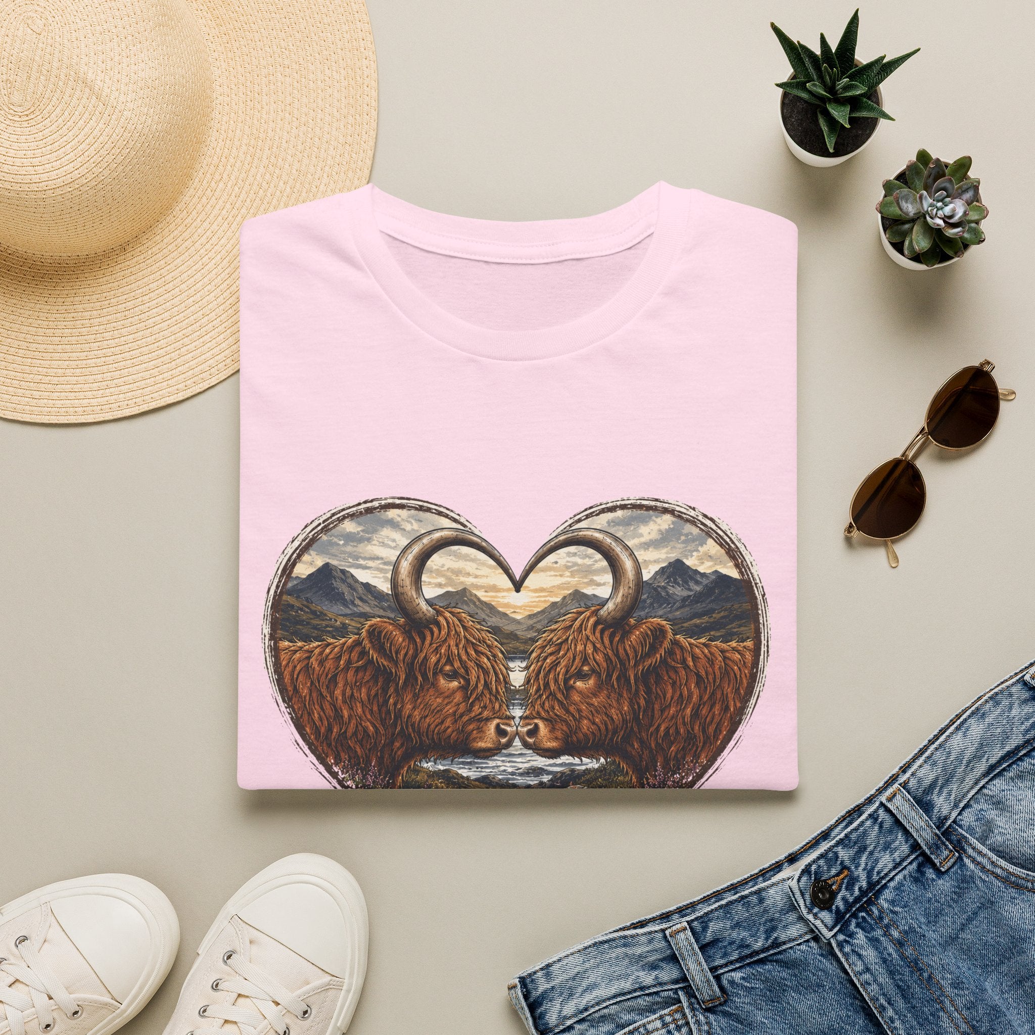 Highland Cow Heart T-Shirt — “Love Moo-ves Mountains”