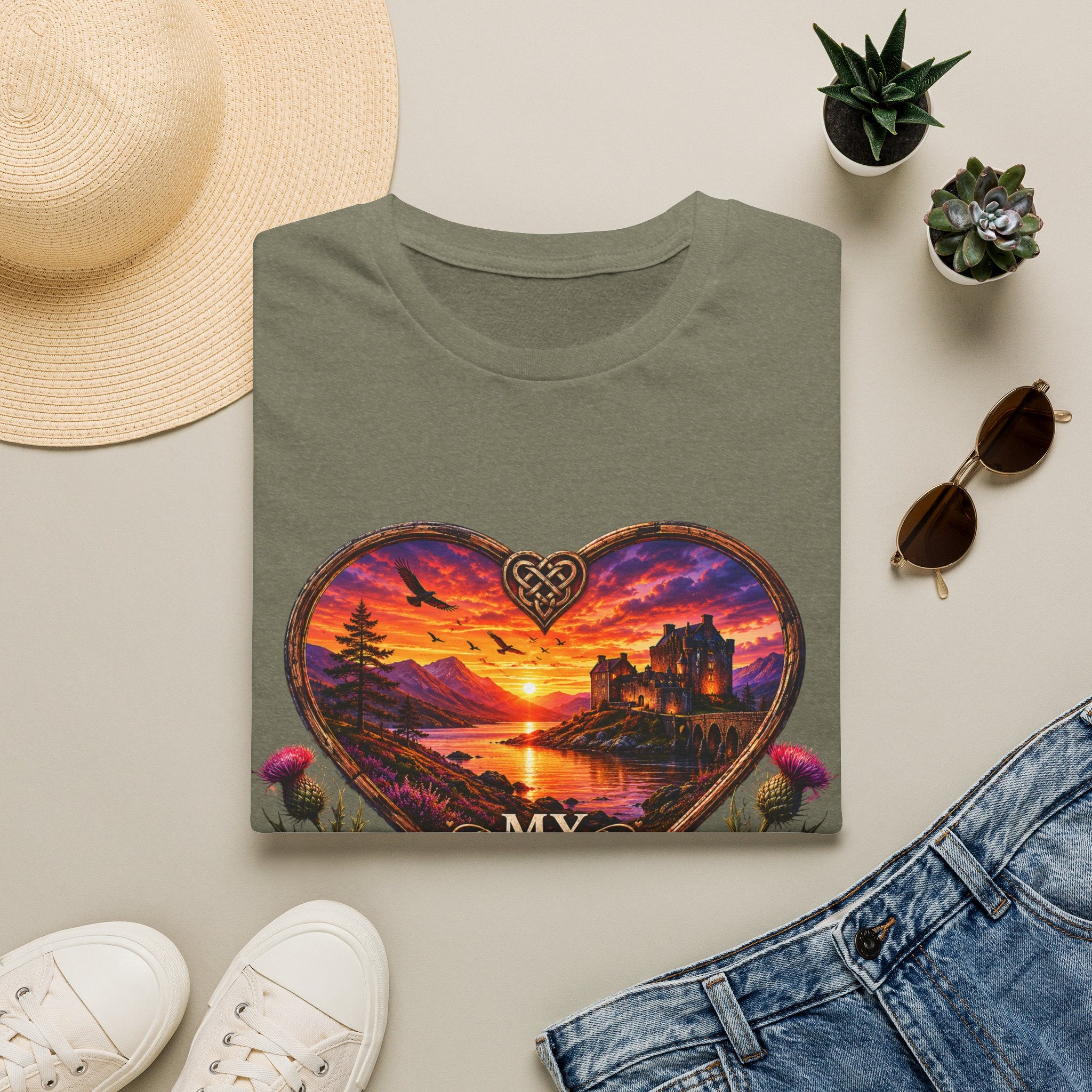 T-Shirt — 'My Heart Never Left Scotland' Scenic Heart Sunset Tee