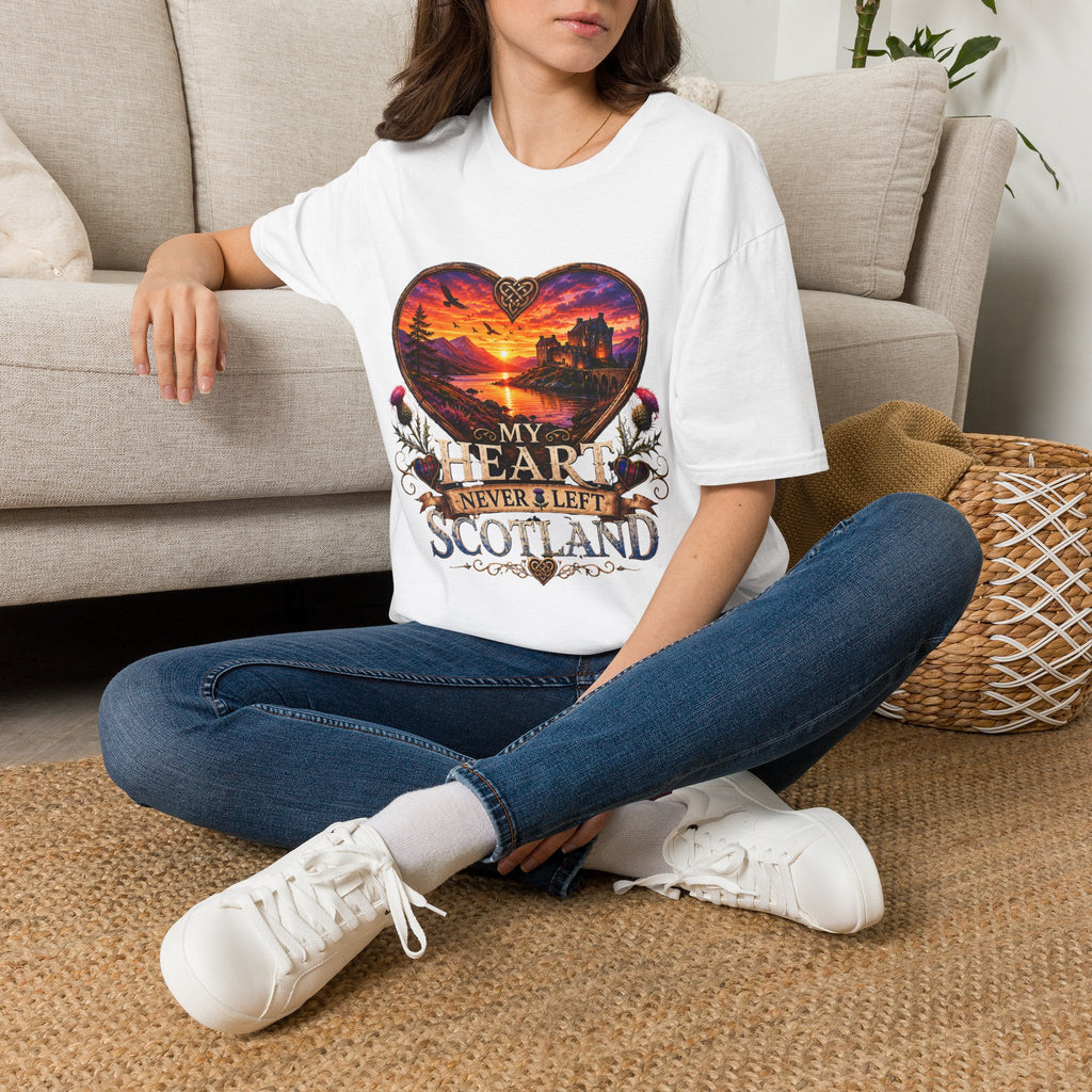 T-Shirt — 'My Heart Never Left Scotland' Scenic Heart Sunset Tee