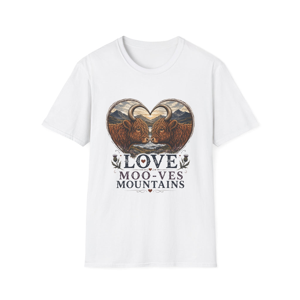 Highland Cow Heart T-Shirt — “Love Moo-ves Mountains”