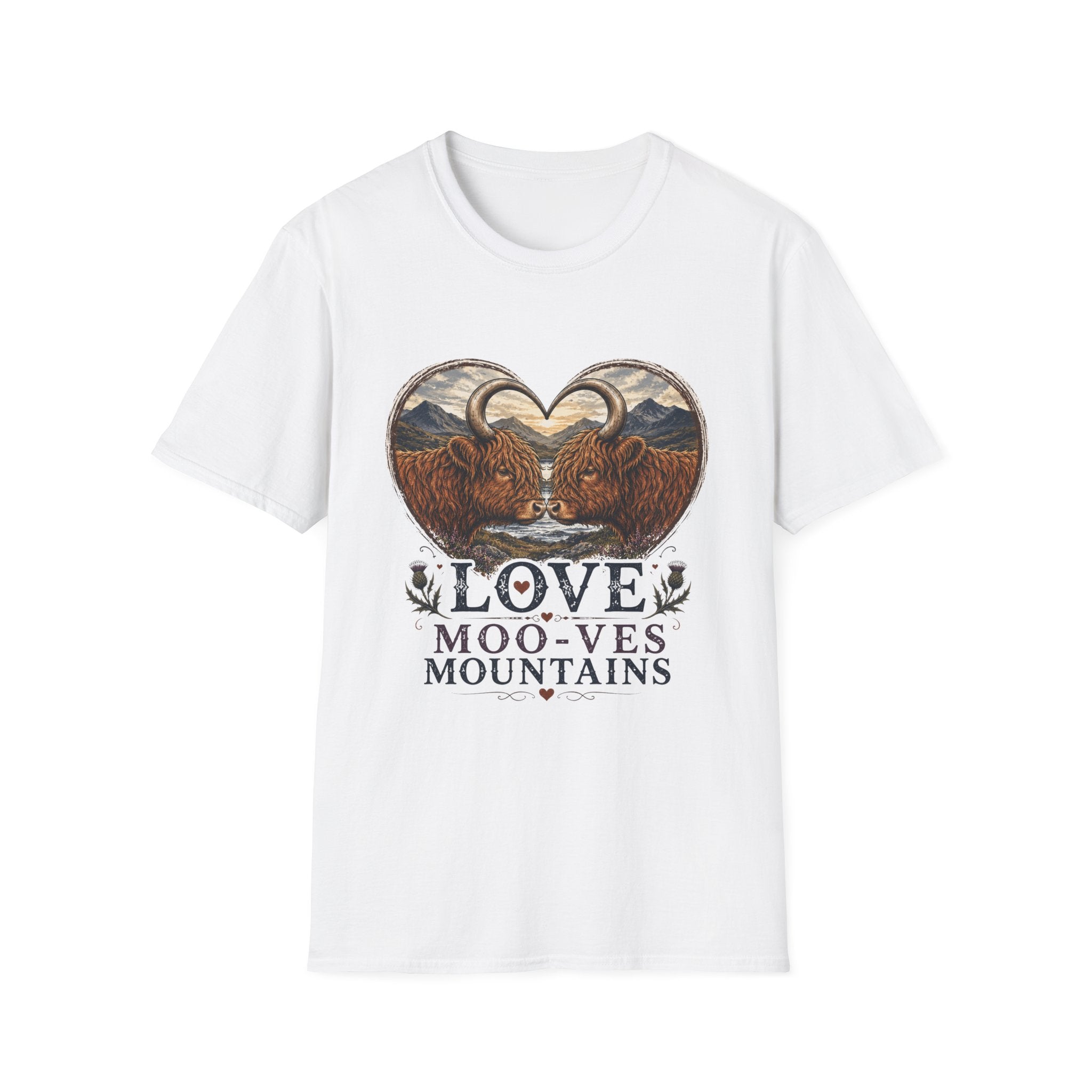 Highland Cow Heart T-Shirt — “Love Moo-ves Mountains”