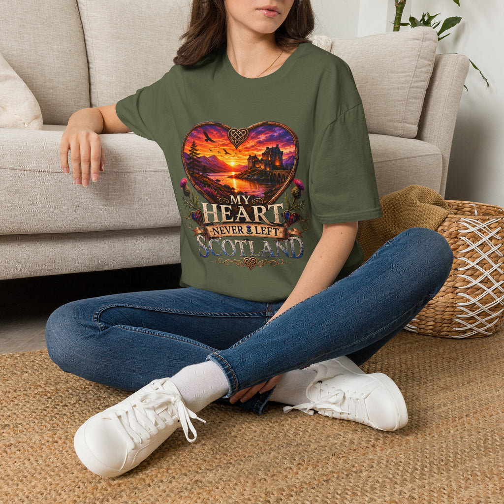 T-Shirt — 'My Heart Never Left Scotland' Scenic Heart Sunset Tee
