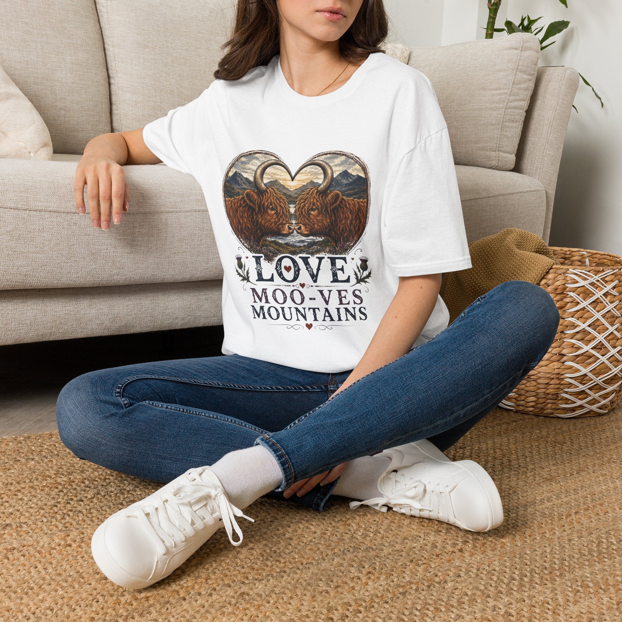 Highland Cow Heart T-Shirt — “Love Moo-ves Mountains”