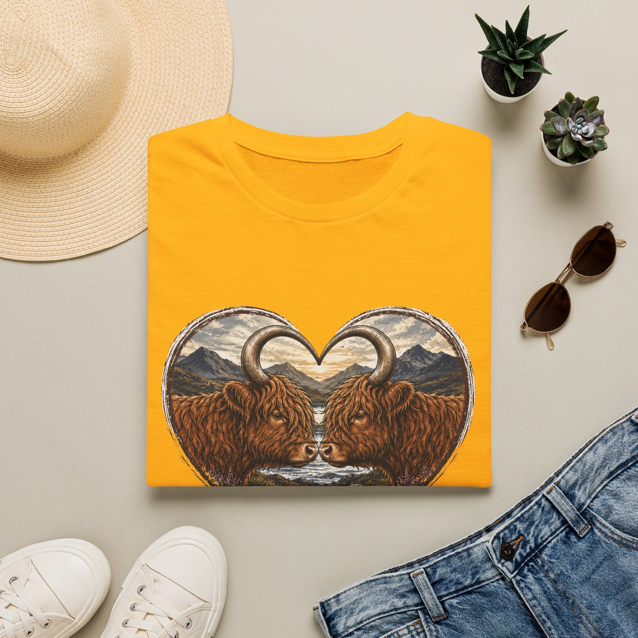 Highland Cow Heart T-Shirt — “Love Moo-ves Mountains”