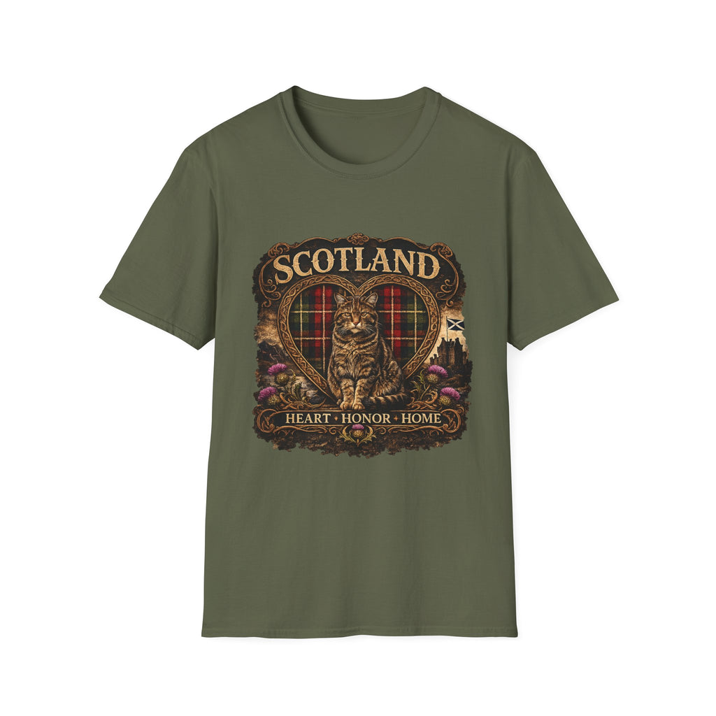 Scotland Wildcat – Heart, Home & Tartan Cat Retro Travel Tee