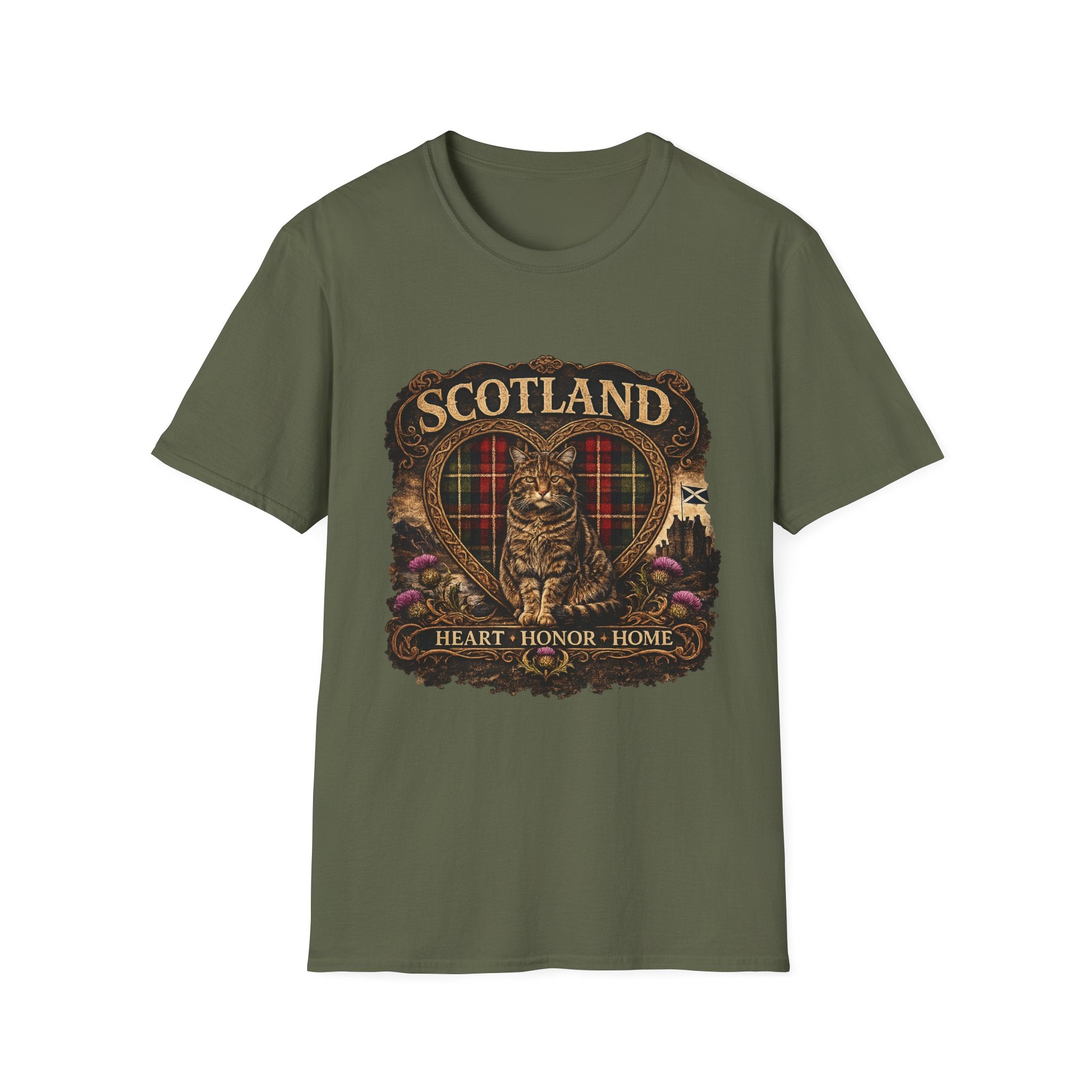 Scotland Wildcat – Heart, Home & Tartan Cat Retro Travel Tee