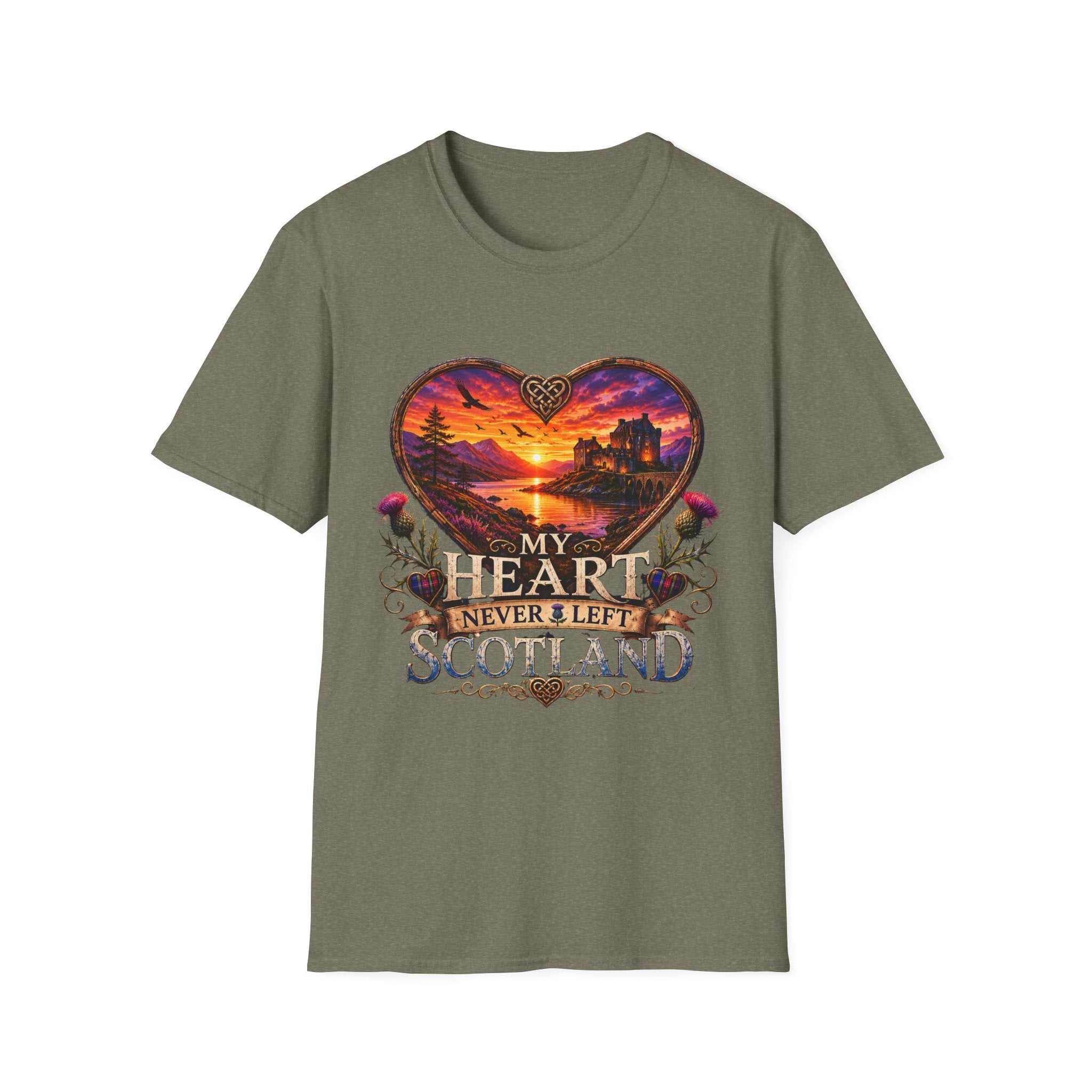 T-Shirt — 'My Heart Never Left Scotland' Scenic Heart Sunset Tee