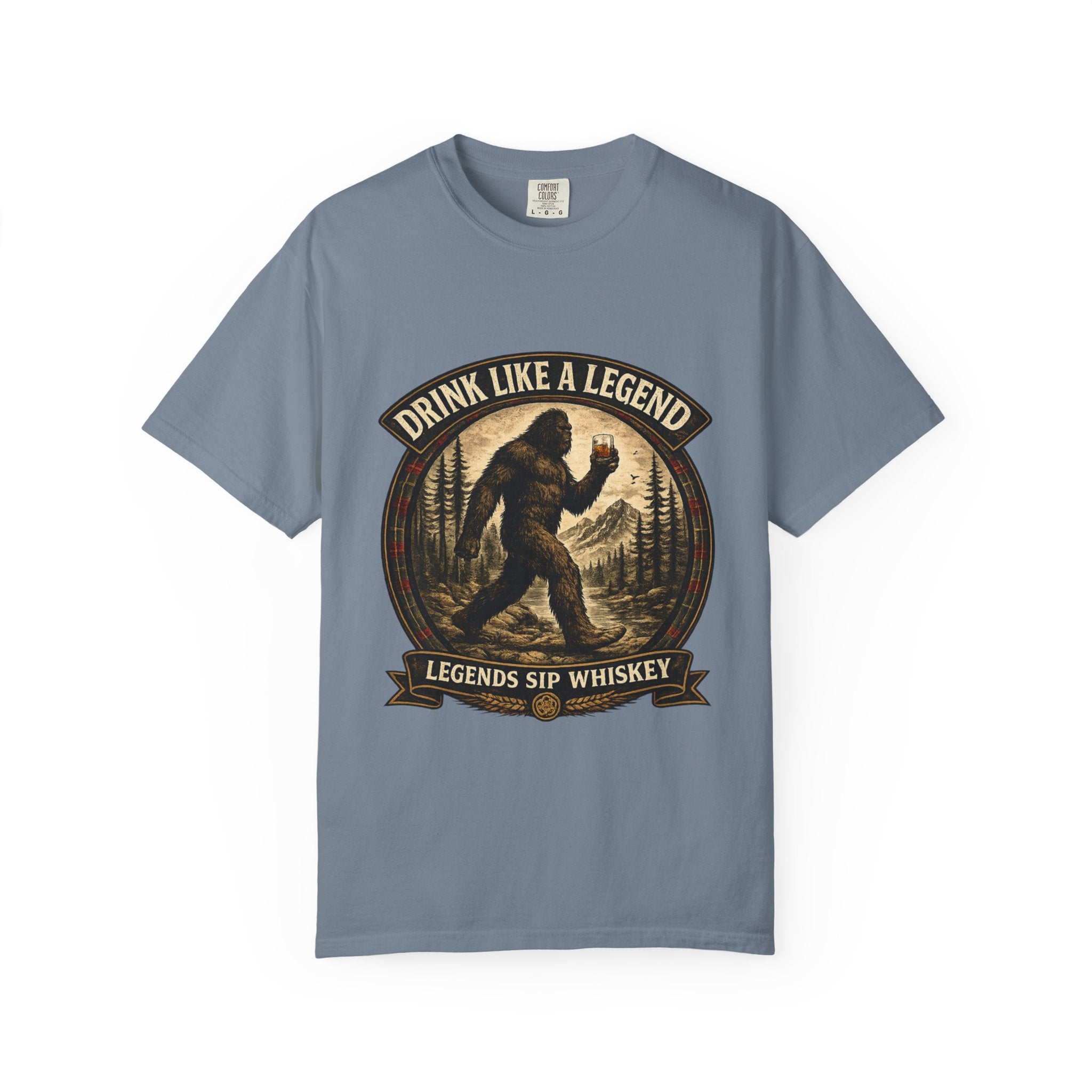 Drink Whiskey Like a Legend T-Shirt — Bigfoot Rustic Forest Graphic Tee