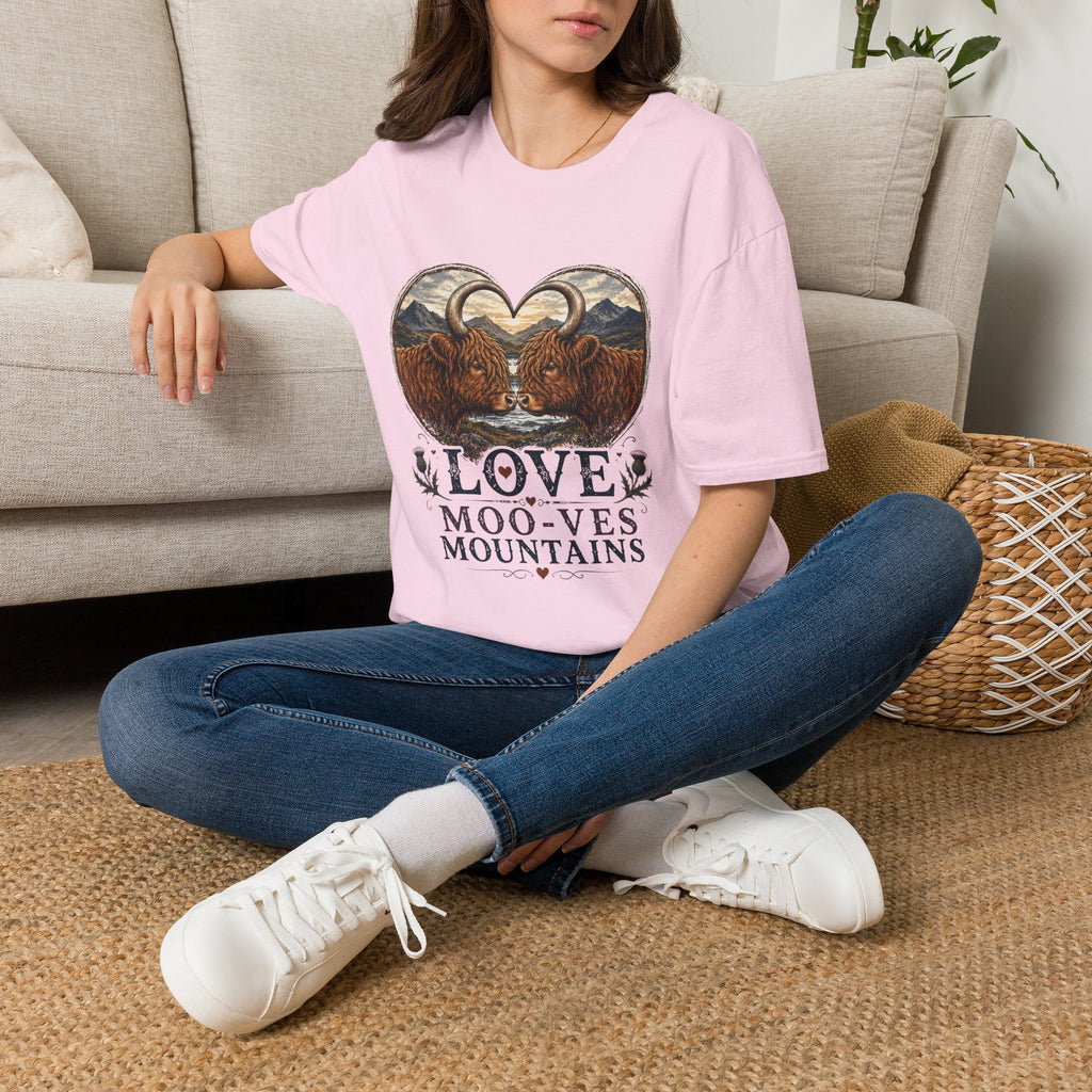 Highland Cow Heart T-Shirt — “Love Moo-ves Mountains”