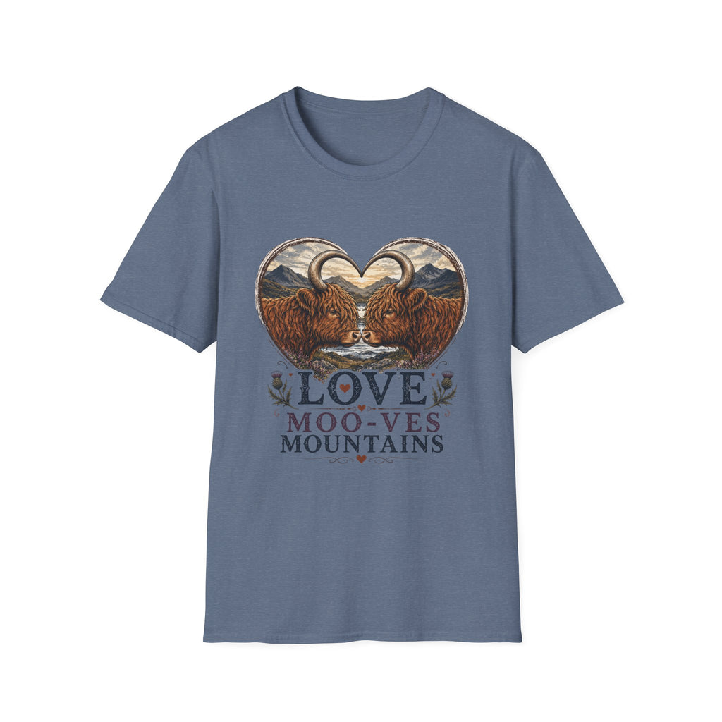 Highland Cow Heart T-Shirt — “Love Moo-ves Mountains”