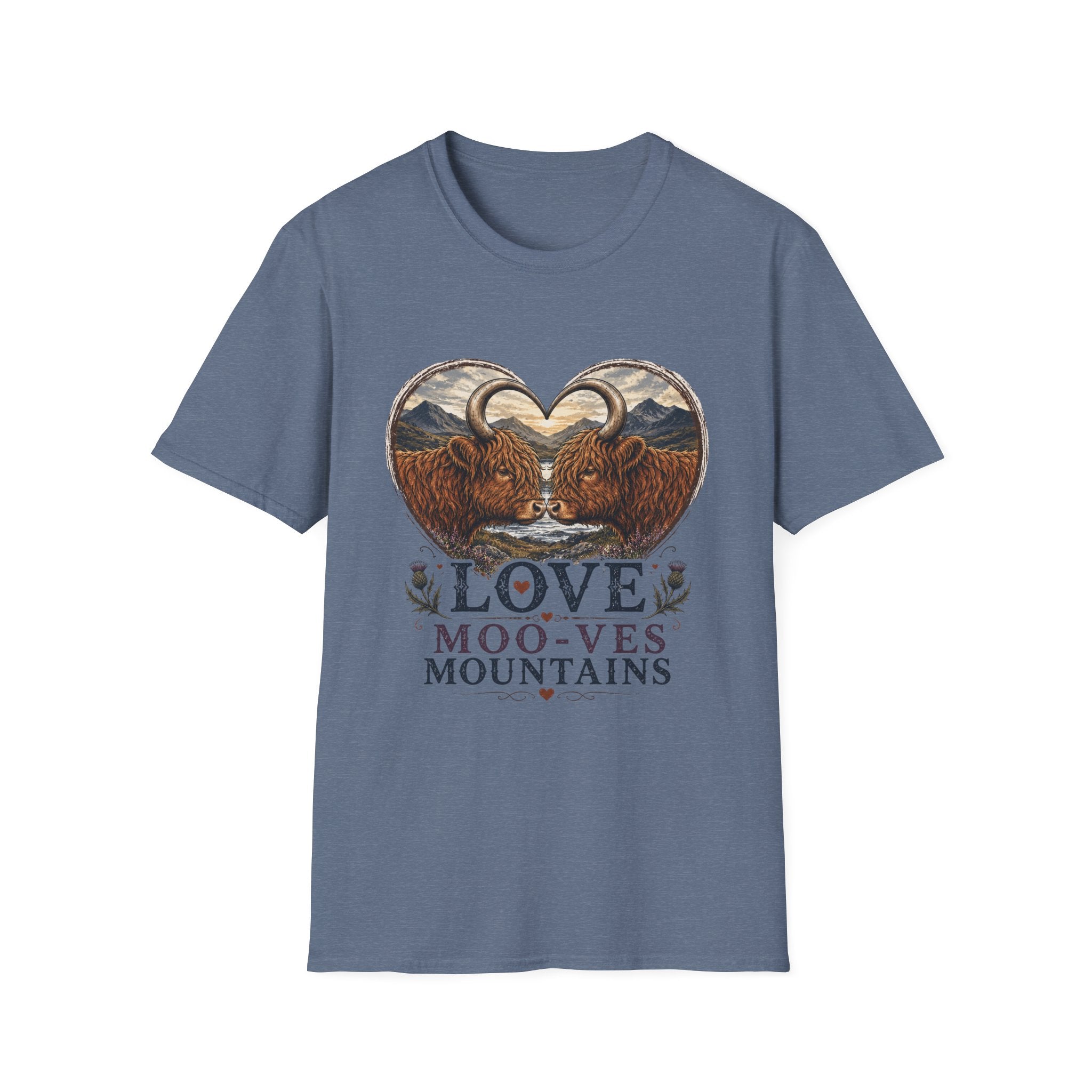 Highland Cow Heart T-Shirt — “Love Moo-ves Mountains”