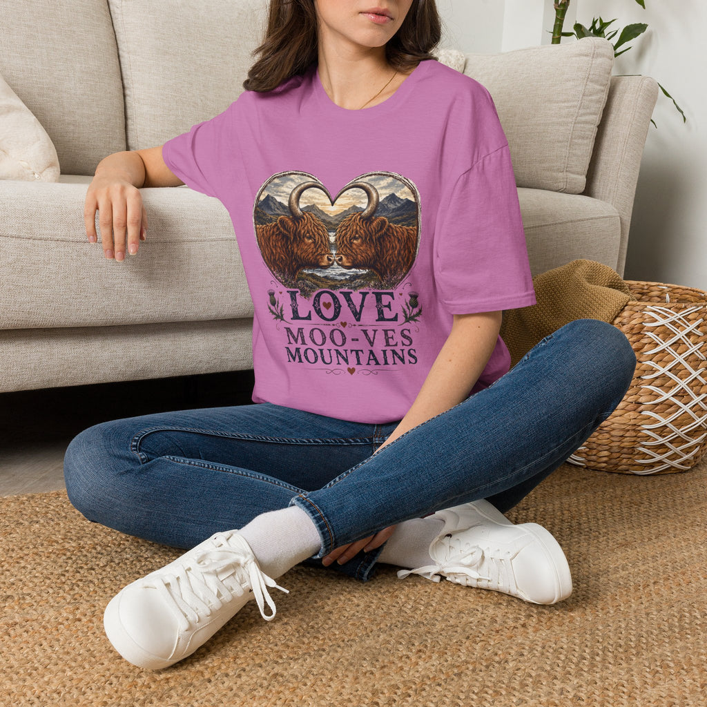 Highland Cow Heart T-Shirt — “Love Moo-ves Mountains”