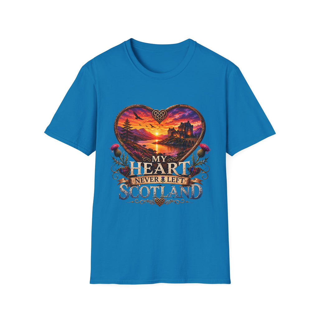 T-Shirt — 'My Heart Never Left Scotland' Scenic Heart Sunset Tee