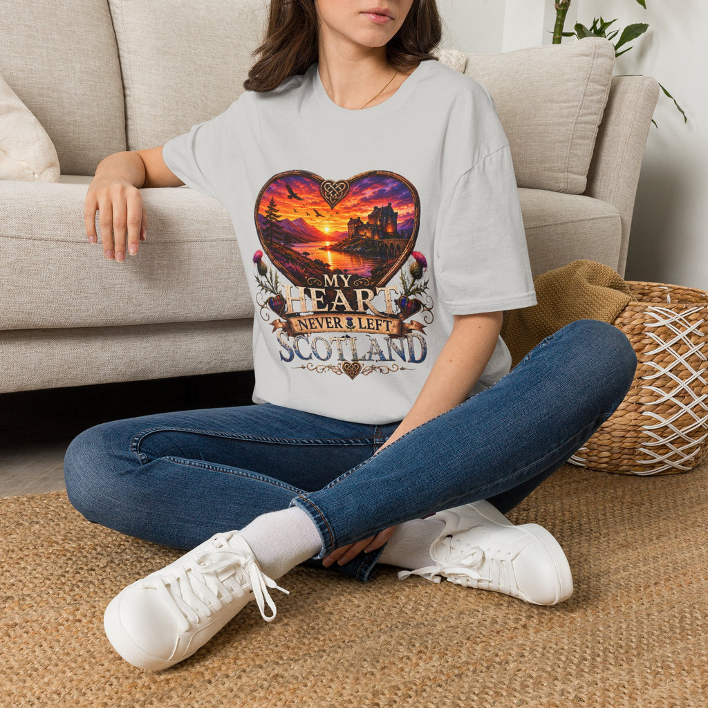 T-Shirt — 'My Heart Never Left Scotland' Scenic Heart Sunset Tee