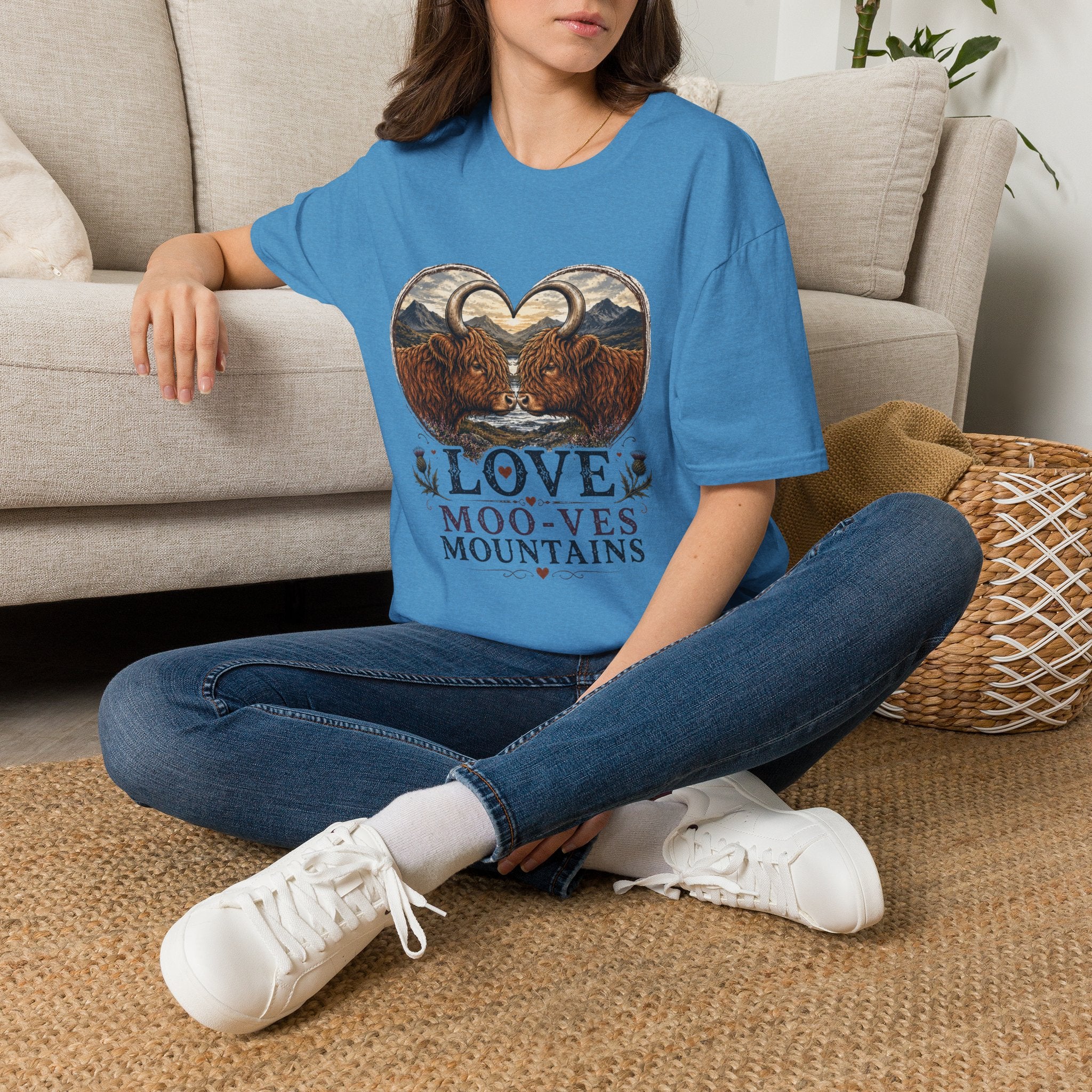 Highland Cow Heart T-Shirt — “Love Moo-ves Mountains”