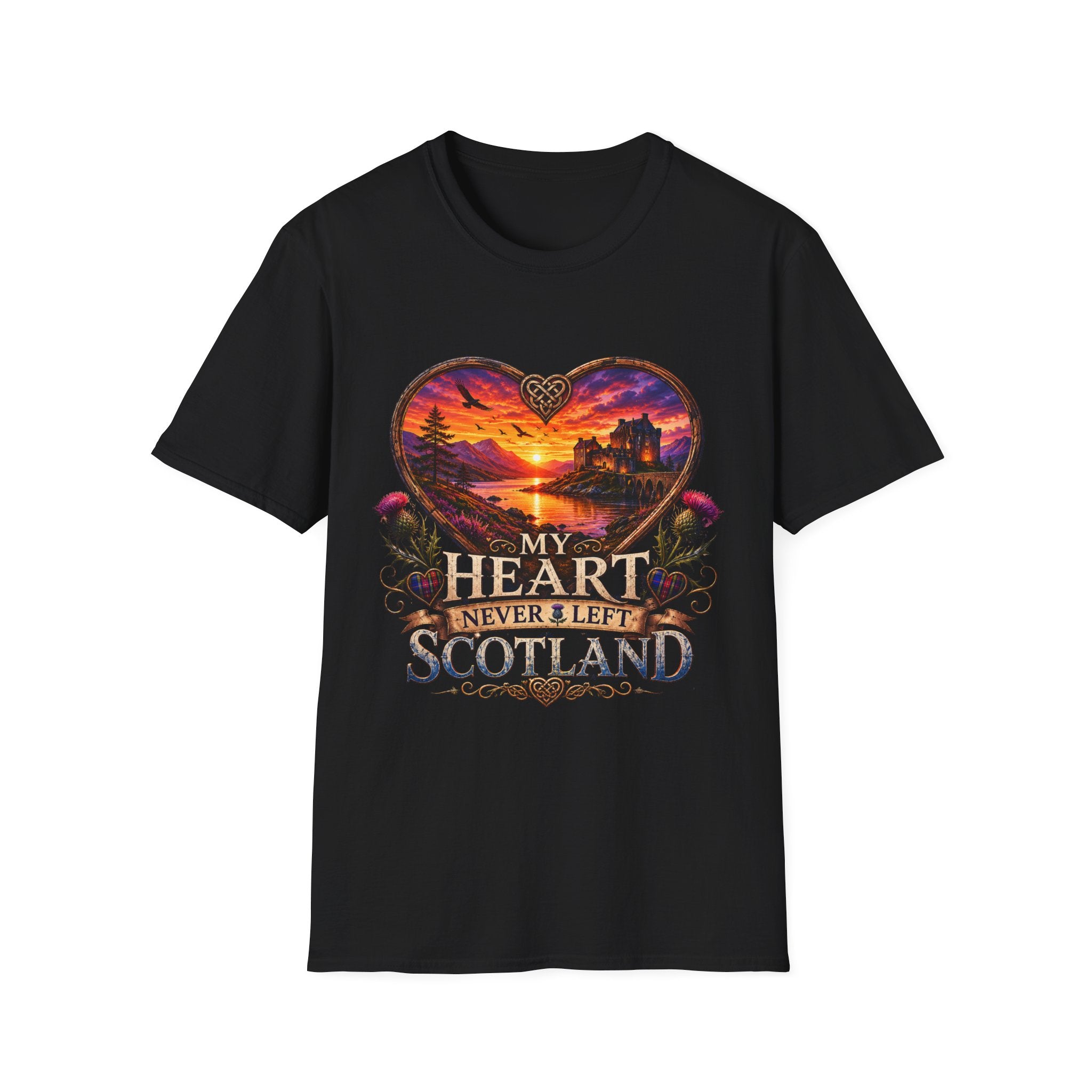 T-Shirt — 'My Heart Never Left Scotland' Scenic Heart Sunset Tee